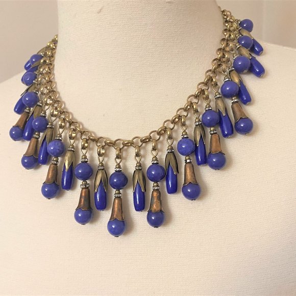 Vintage Antique Brass & Blue Glass & Rhinestone Dangle Necklace - Picture 2 of 9